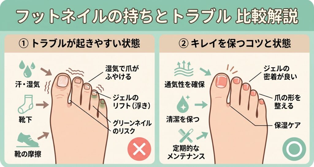 フットネイルの持ちとトラブル比較解説