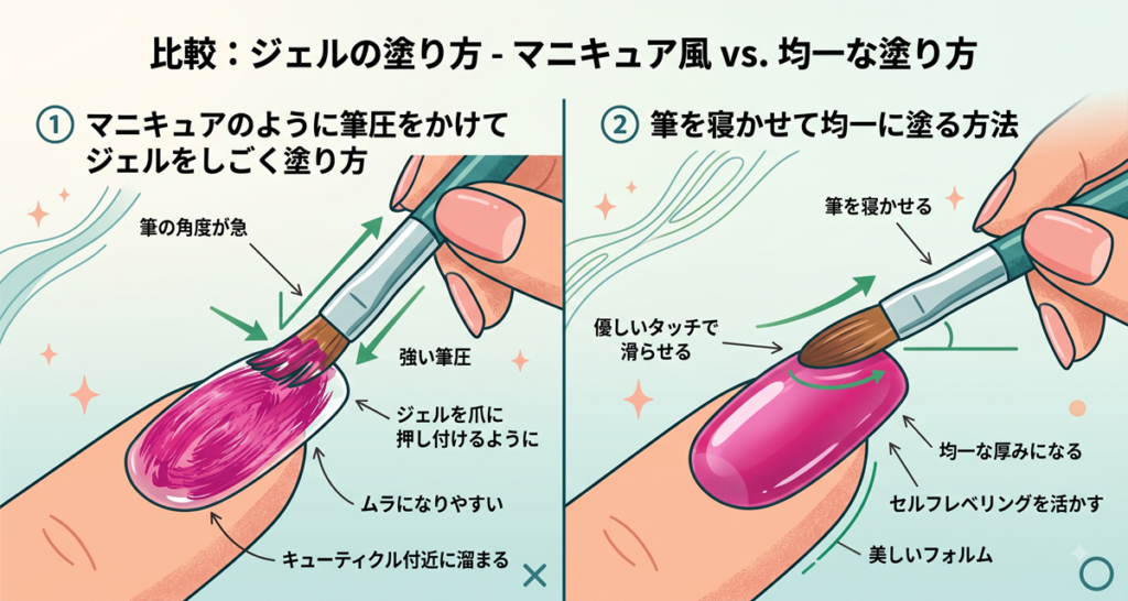 マニキュアのように筆圧をかけてジェルをしごく塗り方/筆を寝かせて均一に塗る方法の比較