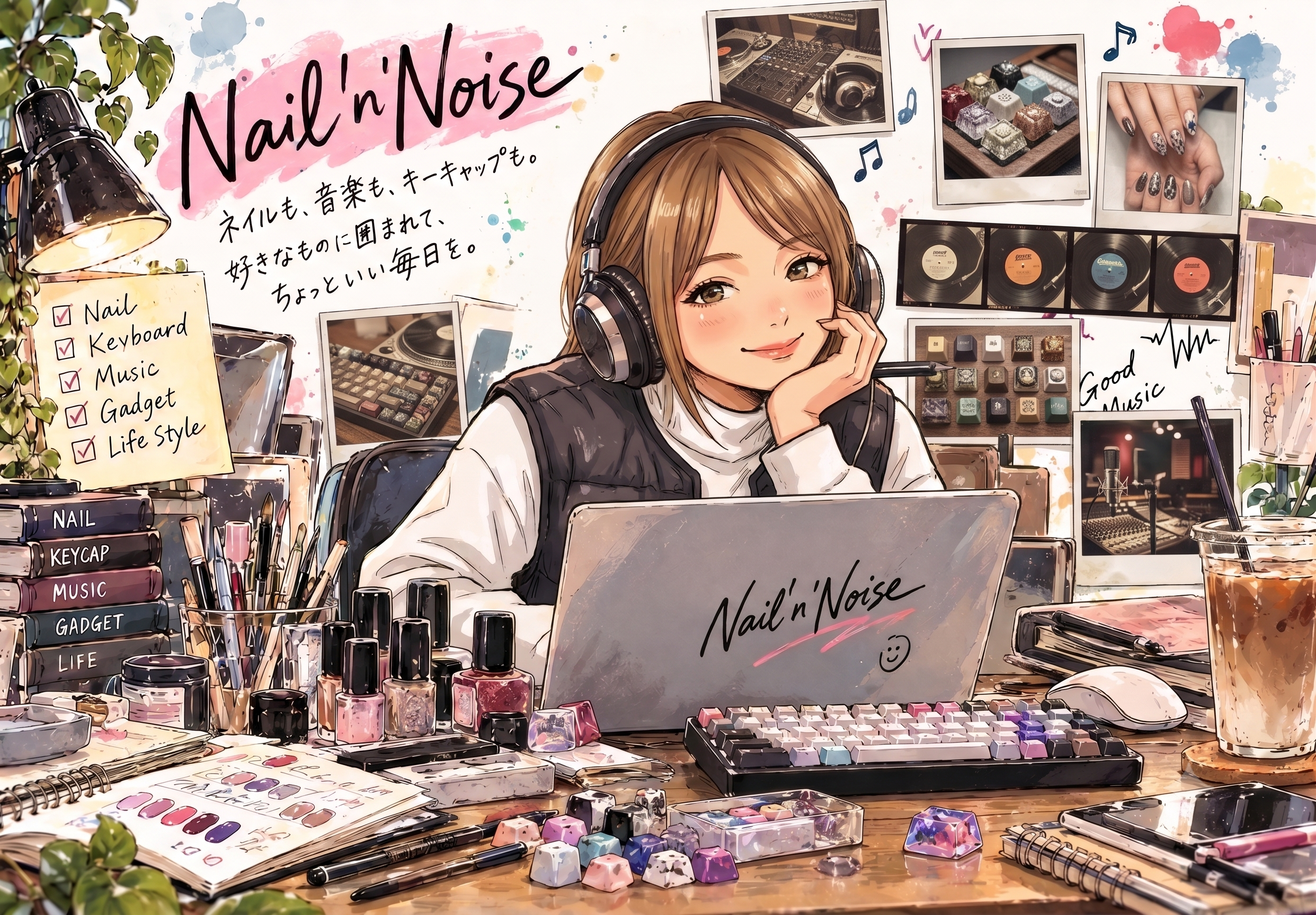 ネイルと音楽とキーキャップに囲まれたmay-thousandのイラスト