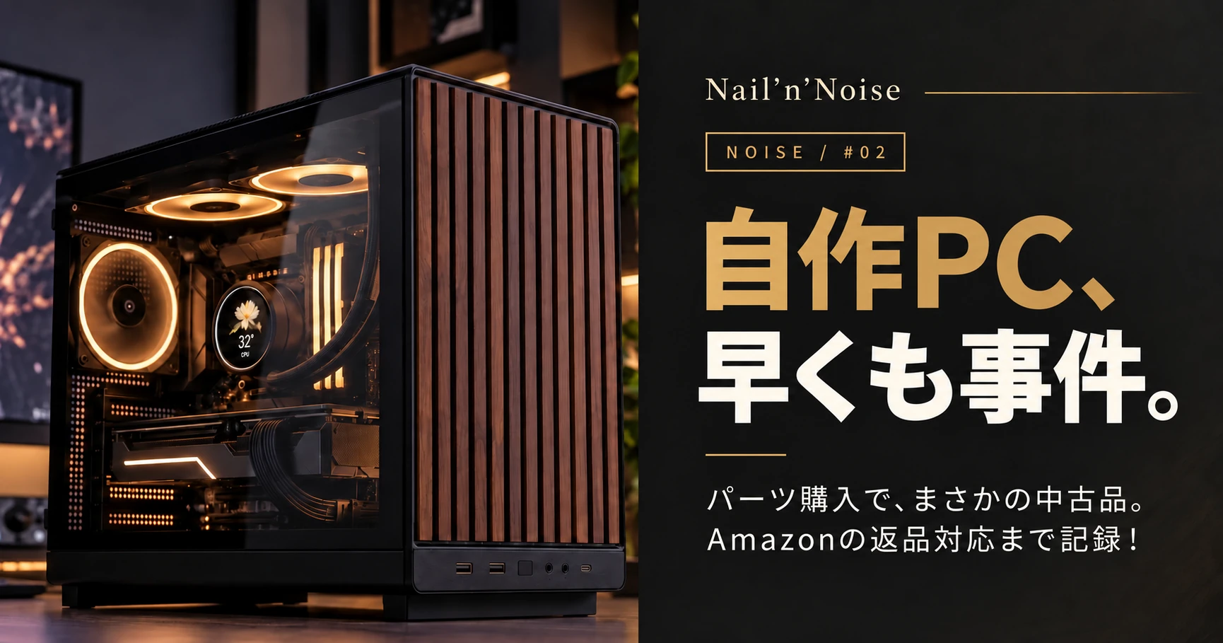 木製フロントと金色のライトが光るPCに「自作PC、早くも事件。」と表示した自作PC初心者シリーズ第2回のアイキャッチ